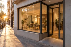 Posicionamiento web en Valencia: escaparate de tienda moderna con grandes ventanales en calle de Valencia al atardecer Posicionamiento web en Valencia: escaparate de tienda moderna con grandes ventanales en calle de Valencia al atardecer